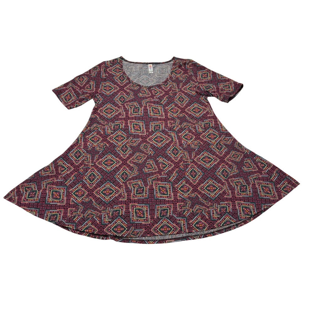 LuLaRoe Perfect T Geometric Diamond Print Tunic Top Burgundy XS NEW 70s Boho